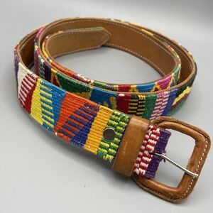 Vtg Leather Woven 48" 2-3XL Belt Rainbow Whip Stitch Tapestry Aztec Western Boho